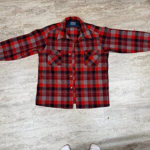 Vintage 60s/70s Pendleton Red Plaid Board Shirt Men's Size L Loop Collar Wool